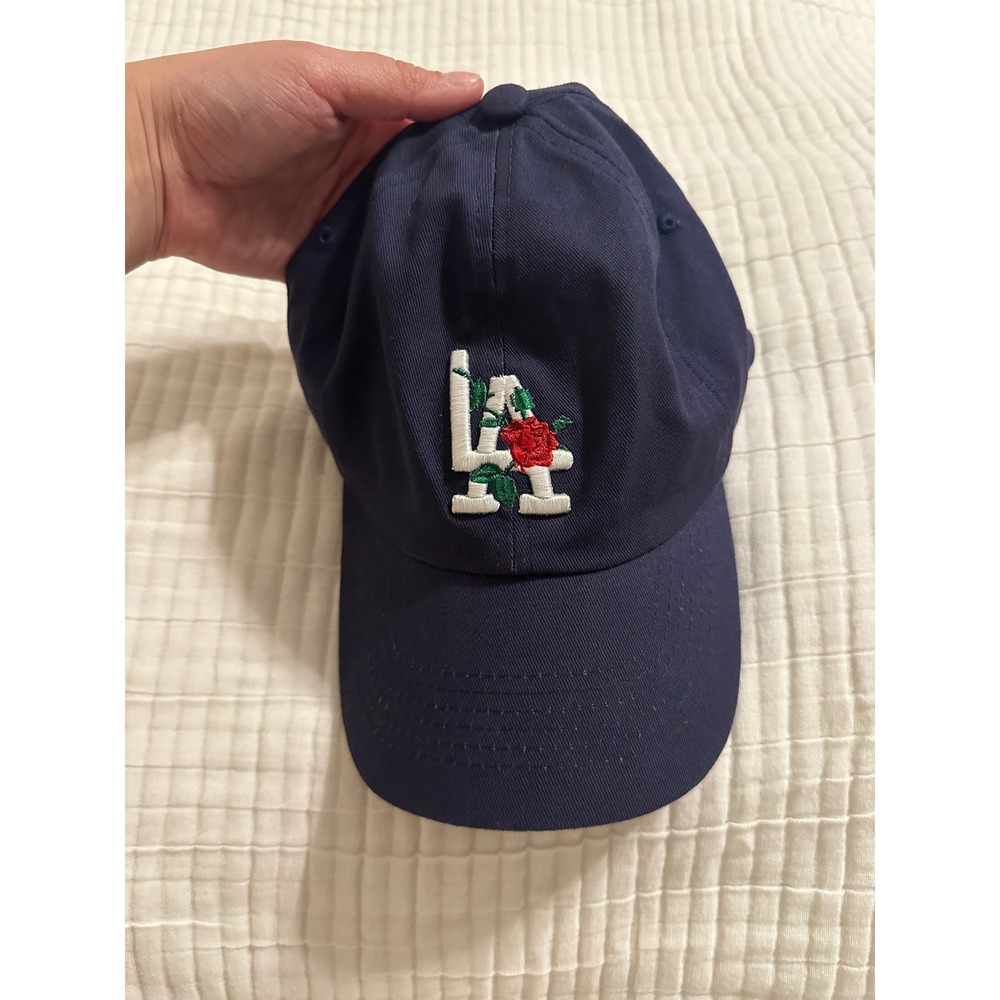 Navy Blue LA Los Angeles Rose Floral Embroidered Cotton Baseball Cap Hat